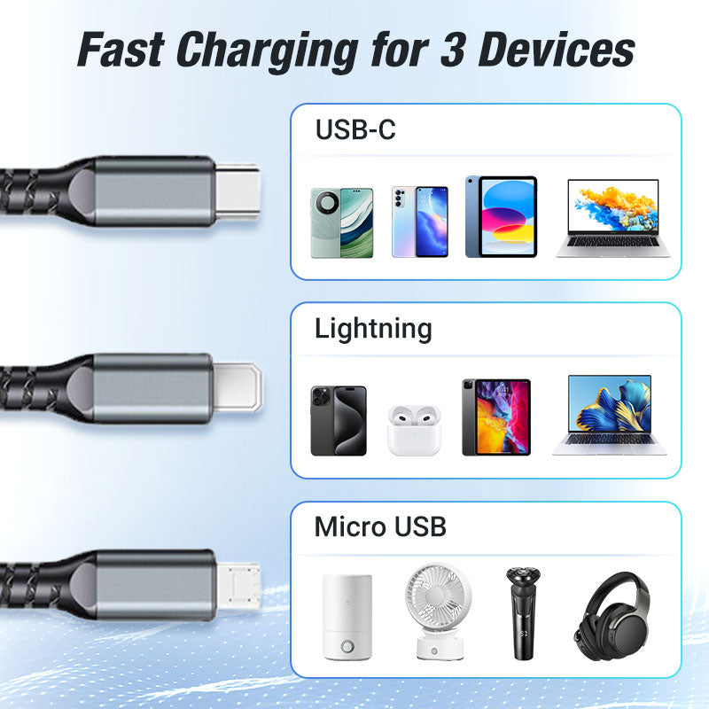 ⚡ Transparent 3-in-1 Fast Charging Cable – LED Light-Up Multi-Device Charging Cord